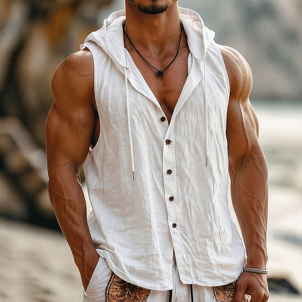 رجالي قميص قميص كتان قميص صيفي ملابس الشاطئ زر حتى القميص قميص مقنع لون الصلبة عطلة شارع أزرق أسود أبيض أخضر بدون كم مع قبعة الصيف الربيع ملابس 2026 - $21.99 –P1