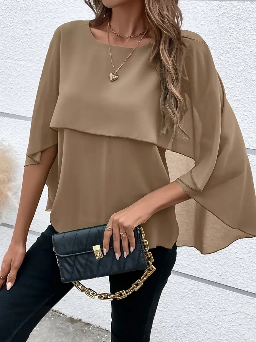 Mulheres Blusa Franzido Côr Sólida à moda Básico Casual Manga 3/4 Gola Redonda Tops regulares Diário Azul Preto Rosa Vermelho Camelo Verão Primavera Outono de 2026 por $25.99 –P3