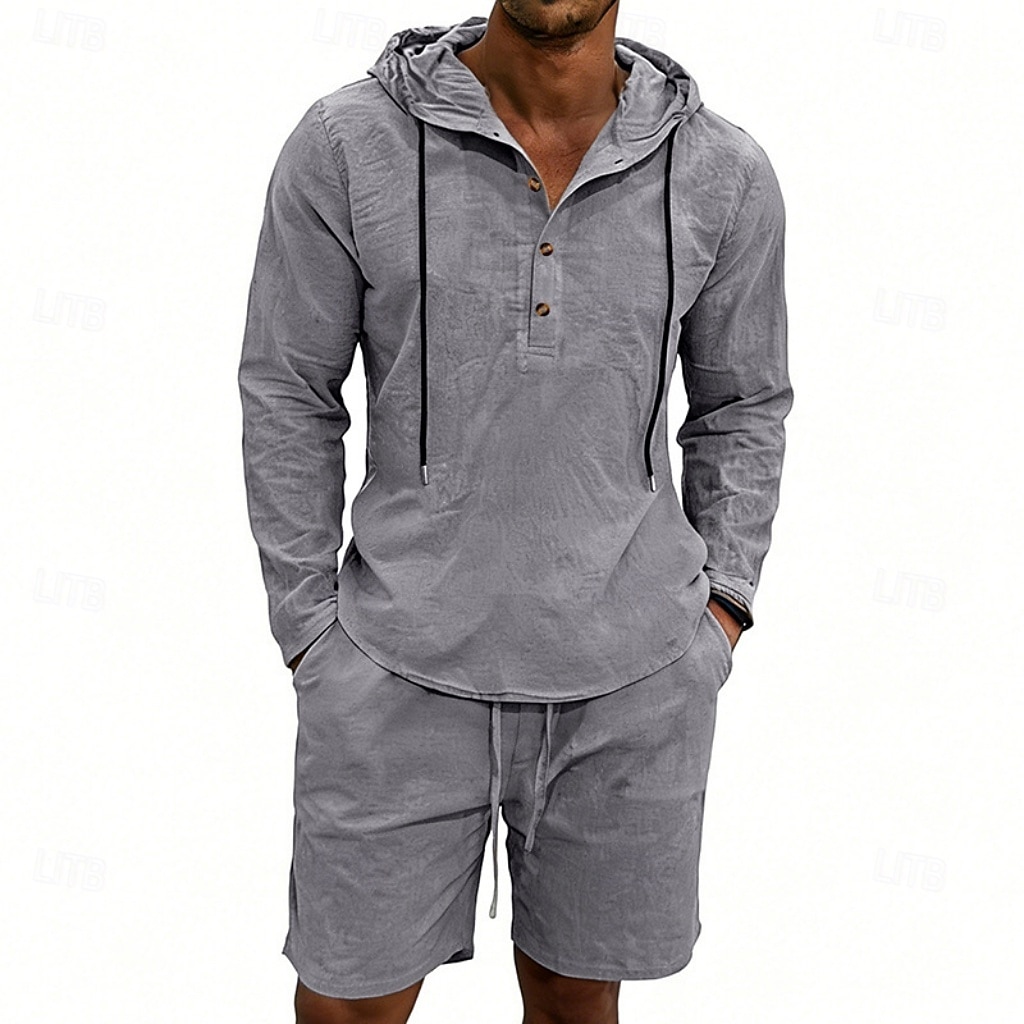 Herre Linskjorte 2 deler Popover skjorte Og Shorts Lin Shorts Strandshorts Sett عادي Daglig utendørs Feriereise Med hette Langermet Sommer Mote Fritid Bekvem Klær 2026 - $36.99 –P19