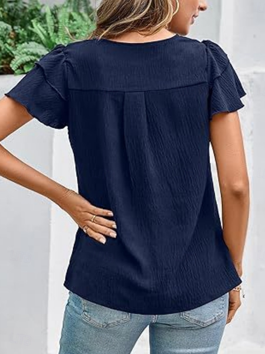 Dames T-shirt Met ruches Effen Elegant Modieus Stijlvol Korte mouw Strakke ronde hals Normale tops Dagelijks Uitgaan Weekend Zwart Wit Marineblauw Groen Abrikoos Zomer Lente 2026 - $21.99 –P17