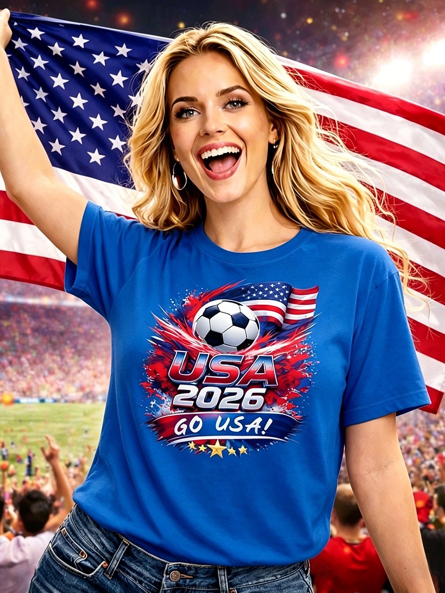 Damen-Fußball-T-Shirt mit Grafikprint, stylisch, klassisch, lässig, Kurzarm, Rundhalsausschnitt, normale Passform, Oberteil für Freizeit, Sport, blau, schwarz, weiß, rot, grün, Sommer, Frühling 2026 - $21.99 –P1