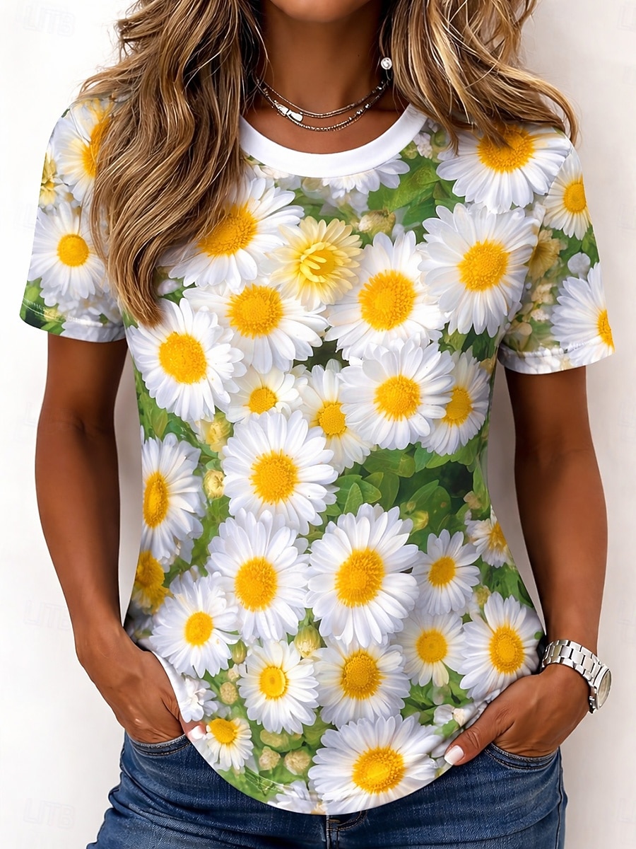 Dam T-shirt Mönster Blommig Grafisk Växter bohemliv Hawaiisk Stylish Kortärmad Rund hals Långa toppar Dagligen Blå Svart Ljusrosa Gul Mörkgrön Sommar Vår 2026 - $7.99 –P9