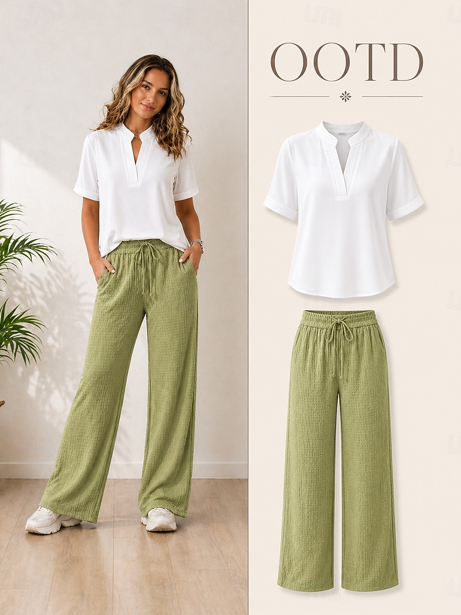 Mujer Camiseta Camiseta superior Plano Moda Elegante Clásico Manga Corta Escote en Pico Tops regulares Diario Noche Fin de semana Blanco Rosa Azul cielo Azul Tinta Verde Trébol Verano Primavera 2026 - $10.49 –P8