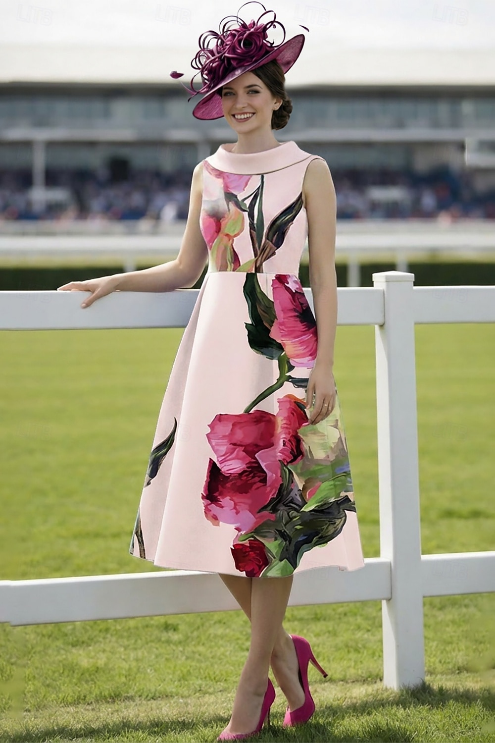 A-Line Tea Length Derby Dress Mother of the Bride Dress Sleeveless Bateau Neck Elegant Vintage Kentucky Derby Satin with Flower Print 2026 - $183.99 –P1