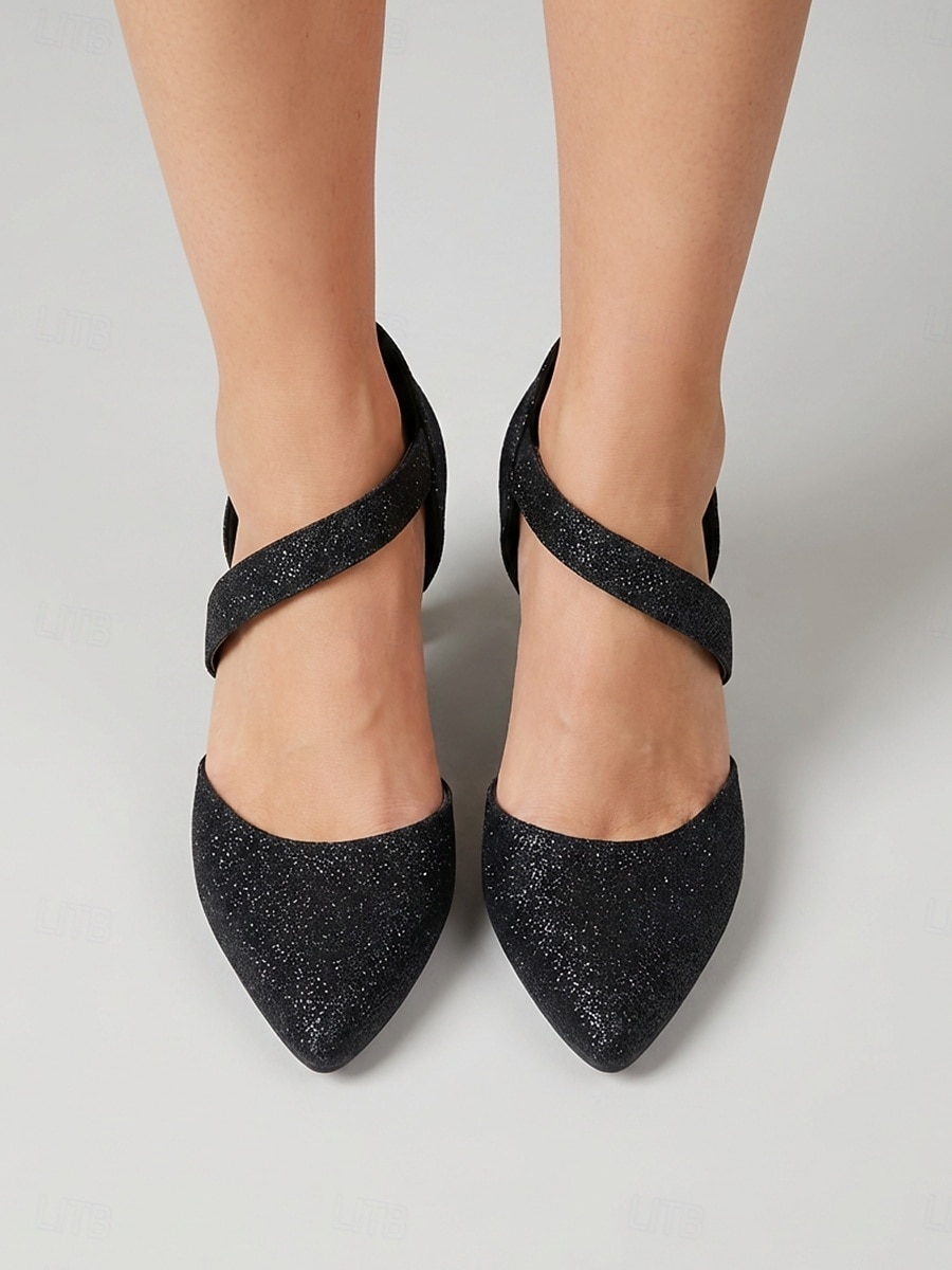 Zapatos de tacón Mary Jane negros con purpurina para mujer: elegantes zapatos de vestir de punta para la madre de la novia, boda en la ciudad. &eventos formales 2026 - $46.99 –P3