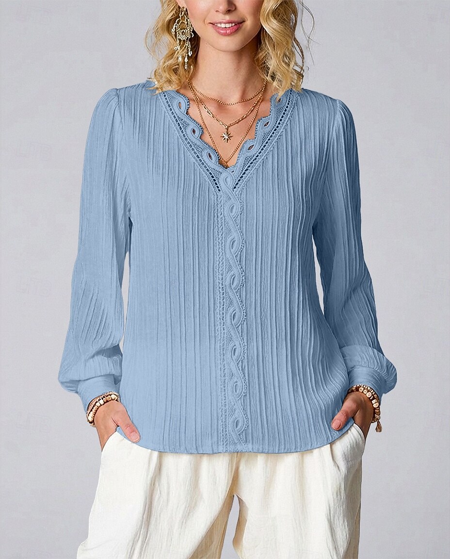 Women's Elegant T Shirt Lace Splicing Top Lace Patchwork Solid Color Elegant Stylish Basic Long Sleeve V Neck Regular Tops Daily Going out Weekend White Red Purple Orange Green Summer Spring Fall 2026 - $22.99 –P7