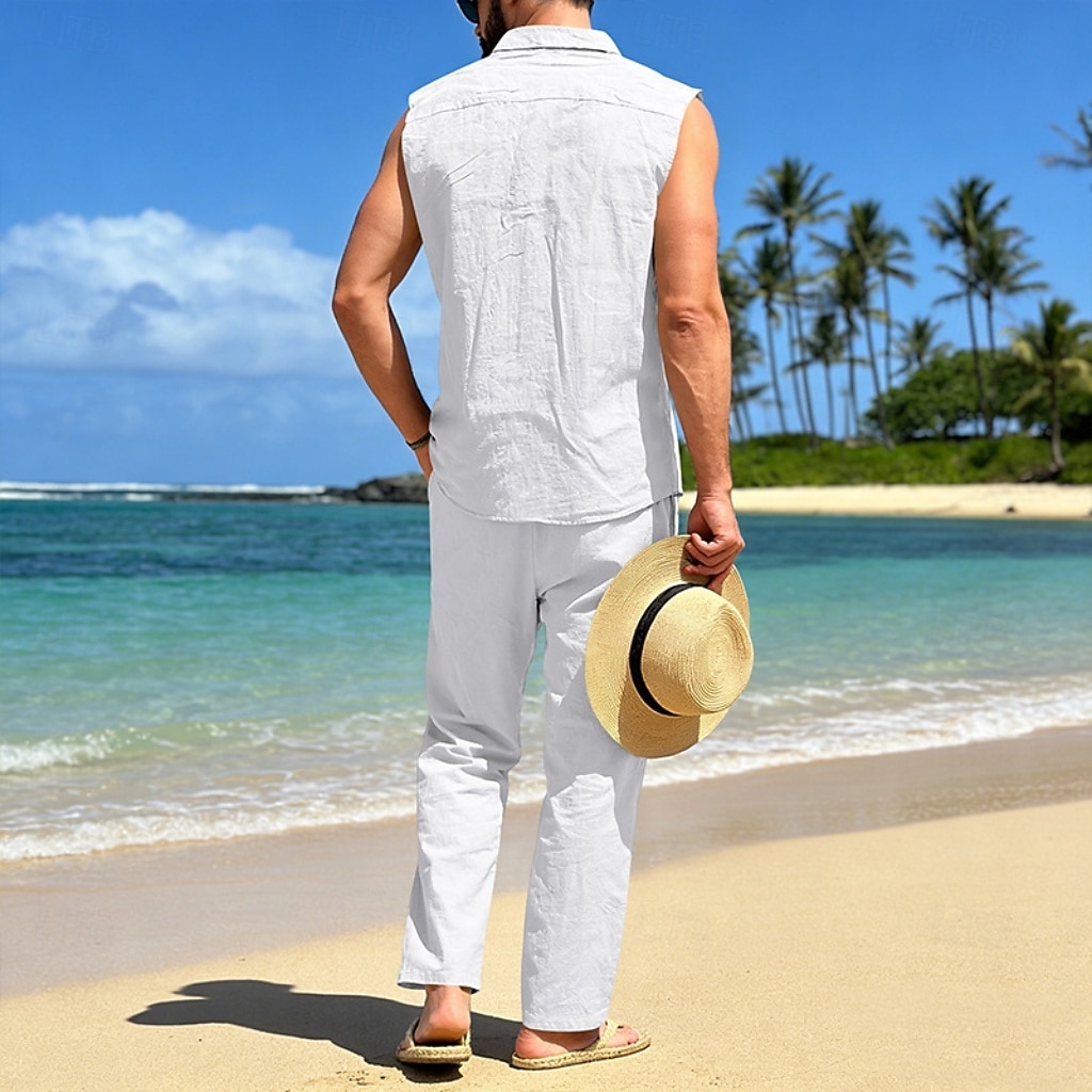 Male Linen Shirt 2 Piece Shirt Set And Linen Pants Trousers Casual Pants Set Plain Daily Outdoor Vacation Turndown Sleeveless Summer Fashion Casual Comfortable Clothing Apparel 2026 - $36.99 –P3