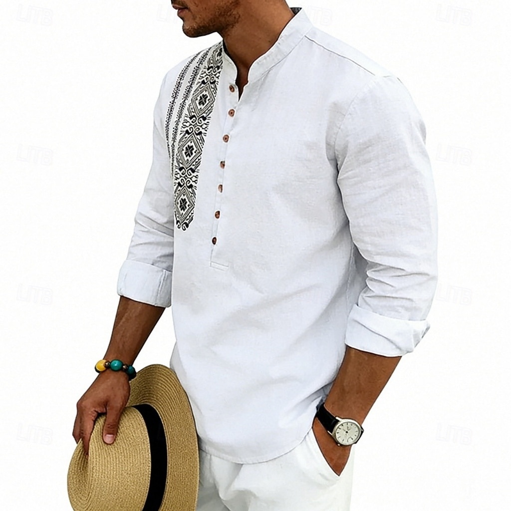 Men's Shirt Linen Shirt Popover Shirt Summer Shirt Beach Shirt Geometric Casual Vacation Black White Pink Navy Blue Long Sleeve Stand Collar Summer Spring Clothing Apparel Buttons 2026 - $25.99 –P9