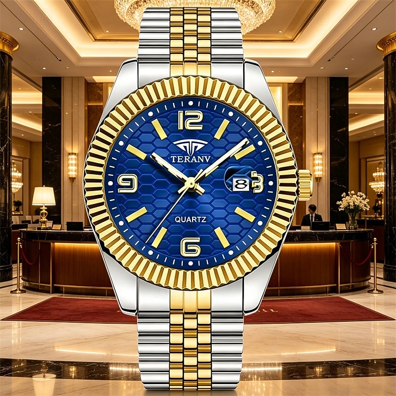 Montre homme de luxe, cadran noir nid d'abeille, mouvement quartz bicolore or et argent en acier inoxydable, lunette cannelée, montre habillée avec date, bijou élégant à offrir. de 2026 ? $21.99 –P12