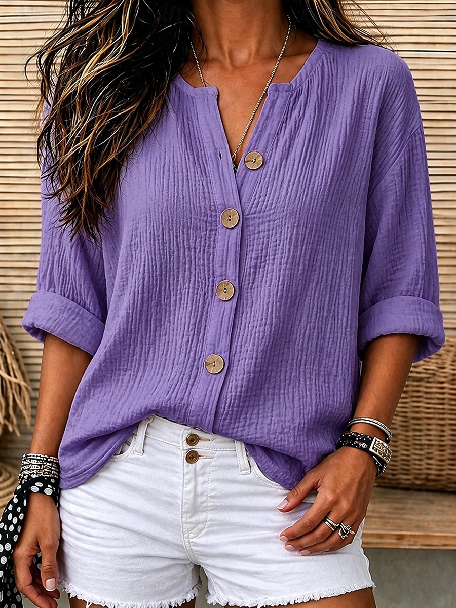 Per donna Camicie di cotone e lino Vacanza Casual Bianco Giallo Rosa Viola Azzurro Estate Primavera del 2026 a $27.99 –P5