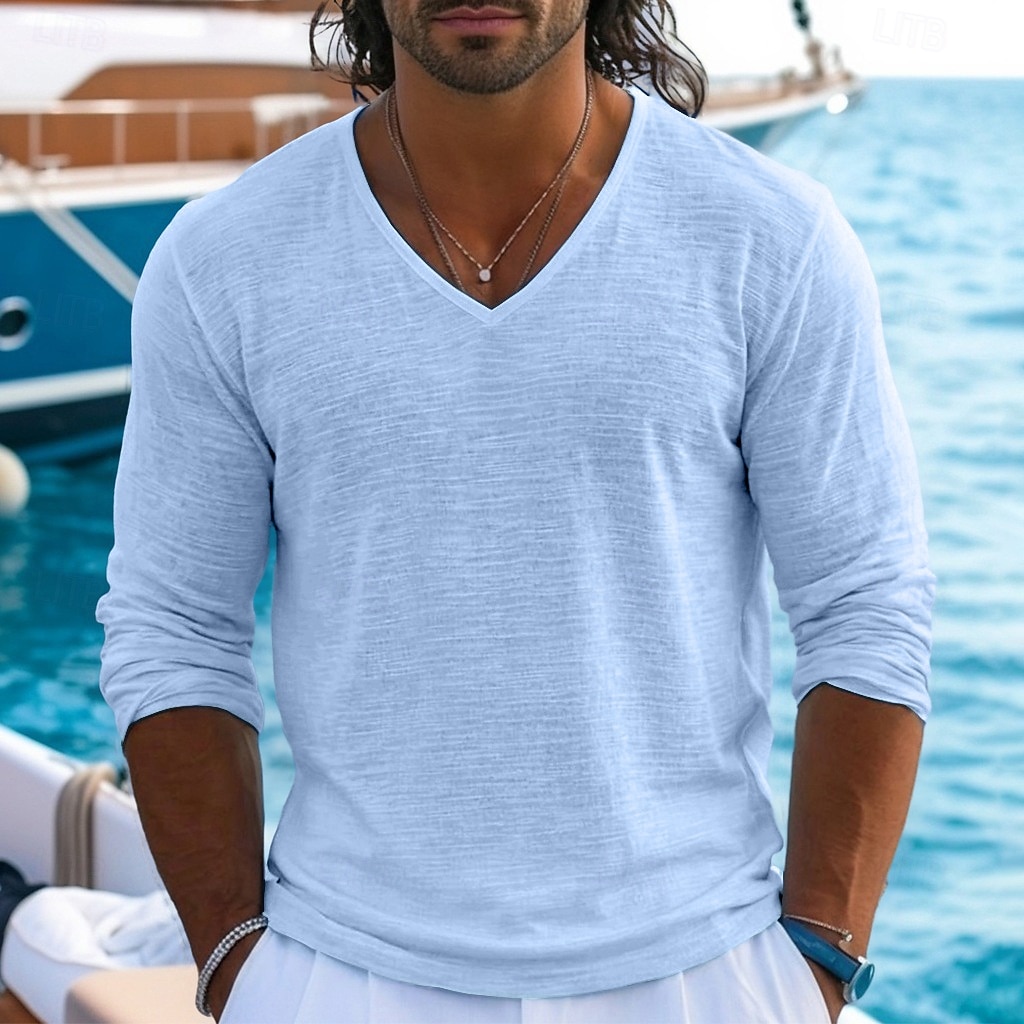 Муж. Футболка Футболка из льна Длинный рукав V-образный вырез Лето Весна Весна лето Сплошной цвет Полотняное плетение Текстура Повседневные На каждый день Уличный стиль Гладкая ткань 2026 - $20.99 –P13