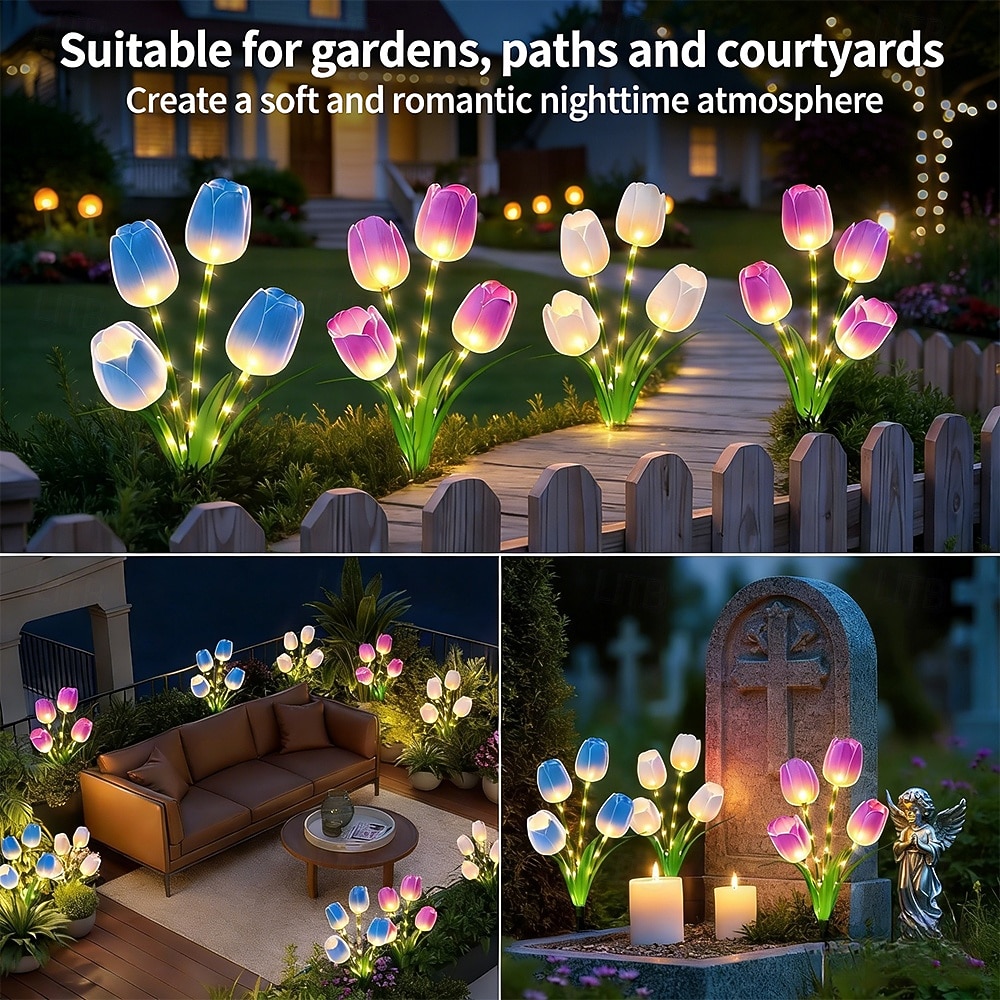 2 Pcs Outdoor Solar IP65 Waterproof 4-Head LED Tulip Stake Lights, Decorative Garden, Yard, Lawn, Pathway, Flower Bed, Villa Ambient Landscape Lighting 2026 - $30.99 –P4