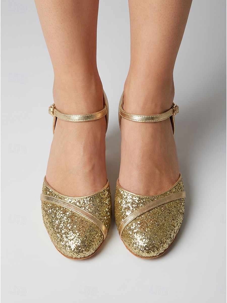 Damesschoenen met gouden glitter, gesloten neus, ballroomdanshakken en enkelbandje, standaard dansschoenen voor wals, foxtrot en tango. & prestatie 2026 - $34.99 –P3