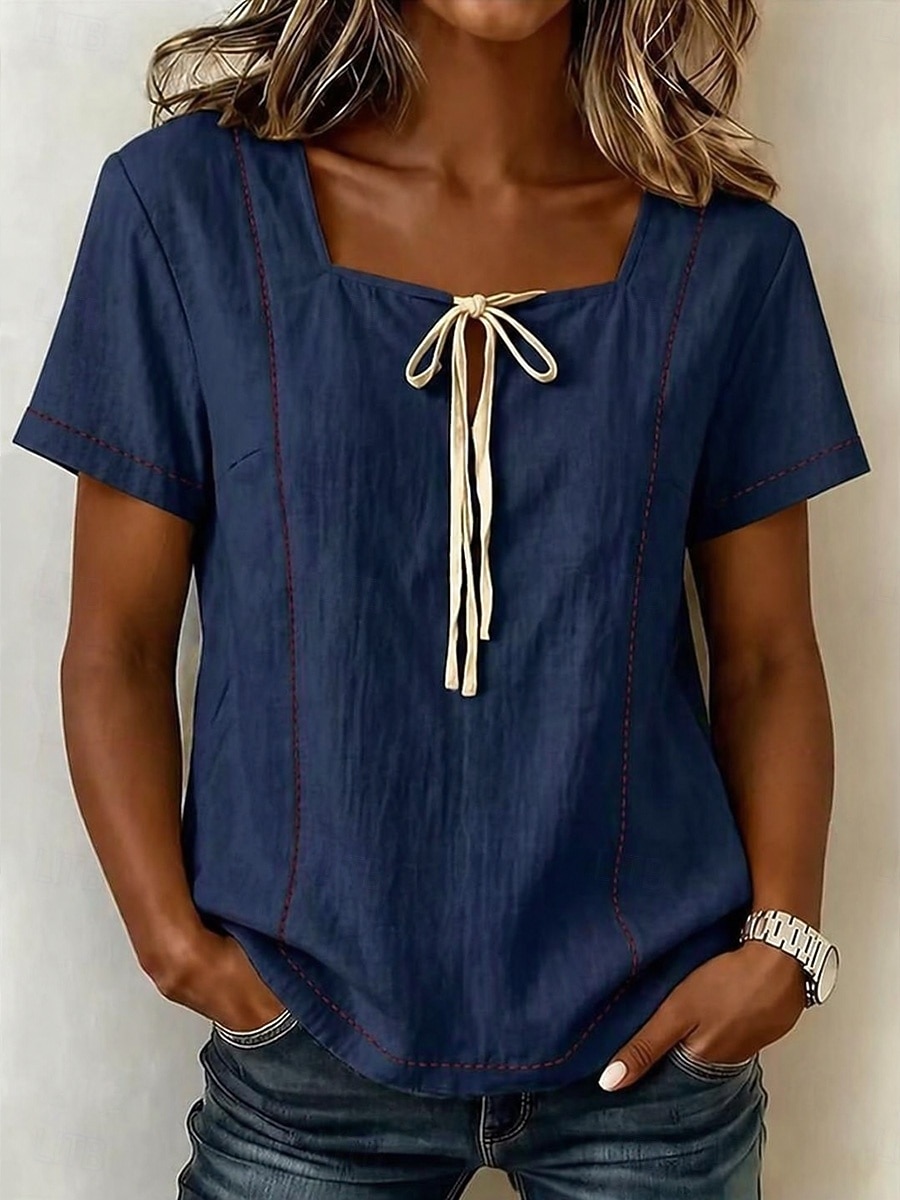 Damen Hemd Kordelzug Vorderknoten Bohemien Urlaub Vintage Kurzarm Asymmetrisch Lange Oberteile Lässig Täglich Arbeit Weiß Gelb Dunkelblau Beige Leicht Blau Sommer Frühling 2026 - $28.99 –P8