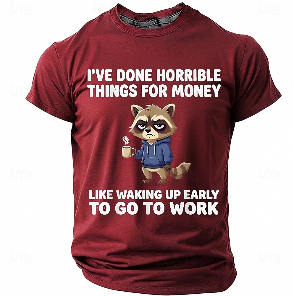 Maglietta da uomo con stampa divertente di un procione "Ho fatto cose orribili per soldi", maniche corte, girocollo, procione stanco che beve caffè, umorismo da ufficio, regalo sarcastico per del 2026 a $18.99 –P10