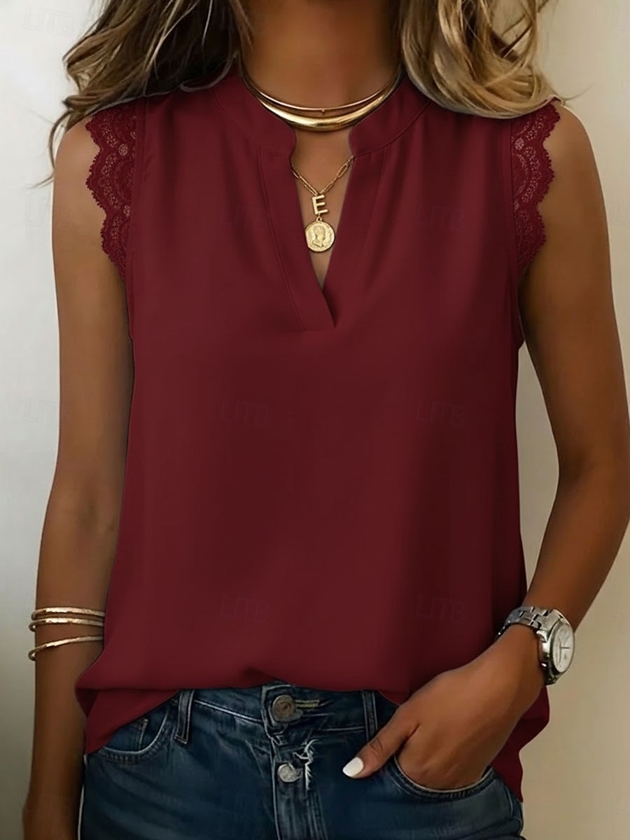 Dames Kanten overhemd Blouse Chiffon-topjes Lapwerk Effen Elegant Vakantie Mouwloos V-hals Lange tops Casual Wit patron Blozend Roze Groen Beige Zomer 2026 - $26.99 –P8