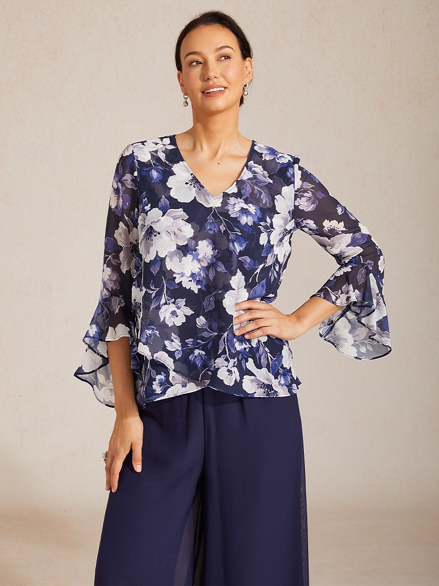 Dames Boho-shirt Blouse Ruche Bloemig Grafisch Paisley Vintage Stijlvol Casual 3/4 mouw V-hals Normale tops Dagelijks Werk Bruiloft gast Marineblauw Zomer Lente Herfst 2026 - BHD 25.99 –P3