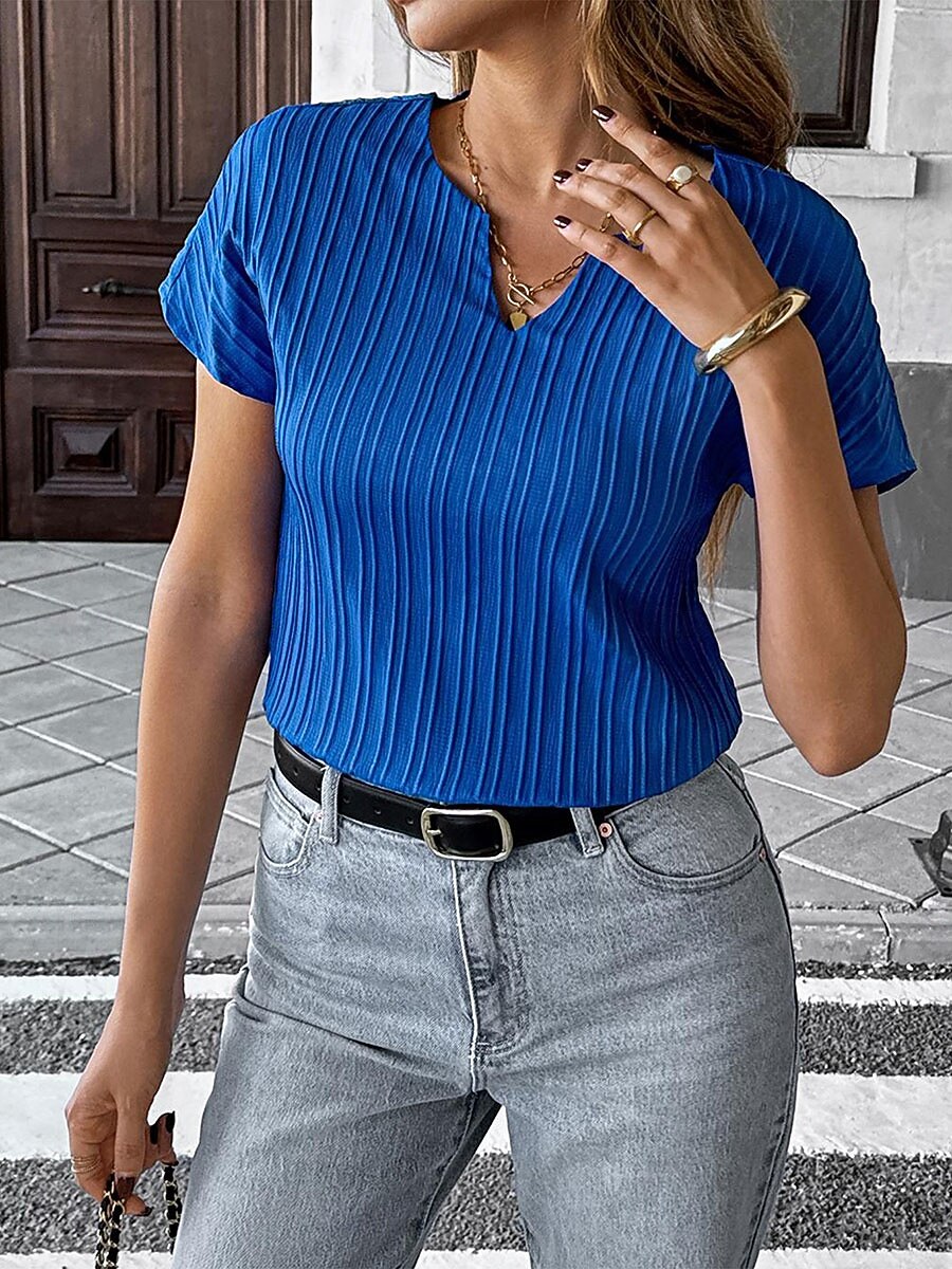 Women's T Shirt Tee Top Striped Plain Elegant Fashion Short Sleeve V Neck Regular Tops Casual Daily Beach Blue Spring 2026 - $21.99 –P2