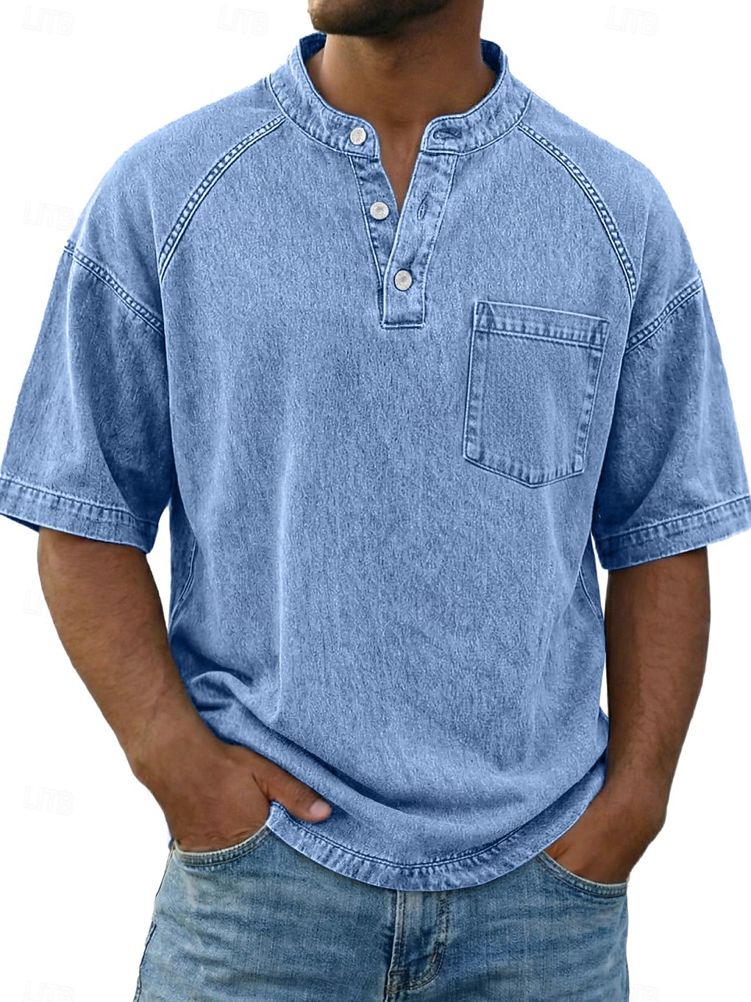 Bărbați Tricou Cămașă Demin Cămașă de spălat cu acid 100% bumbac Manșon scurt Guler de stand Henley Toamna iarna Primăvară Toamnă Simplu Epocă Șic Stradă Casual Buzunar Vopsit în haine Spălat Casual 2026 - $31.99 –P1
