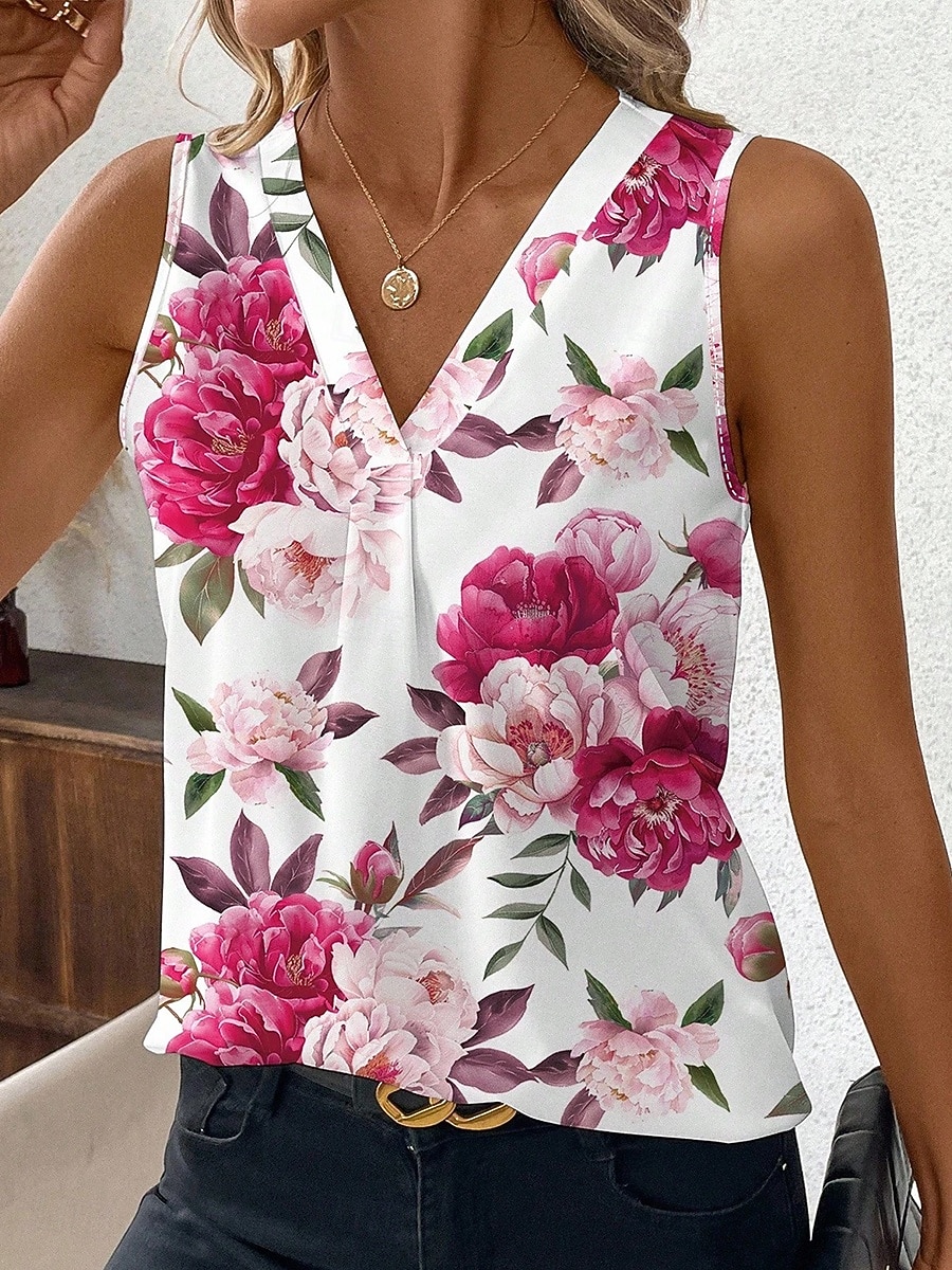 Femmes Débardeur Fleuri Graphique Plantes Élégant ancien Classique Sans manches Col en V Hauts Réguliers Quotidien Rouge Violet Kaki Été Printemps de 2026 ? $22.99 –P3