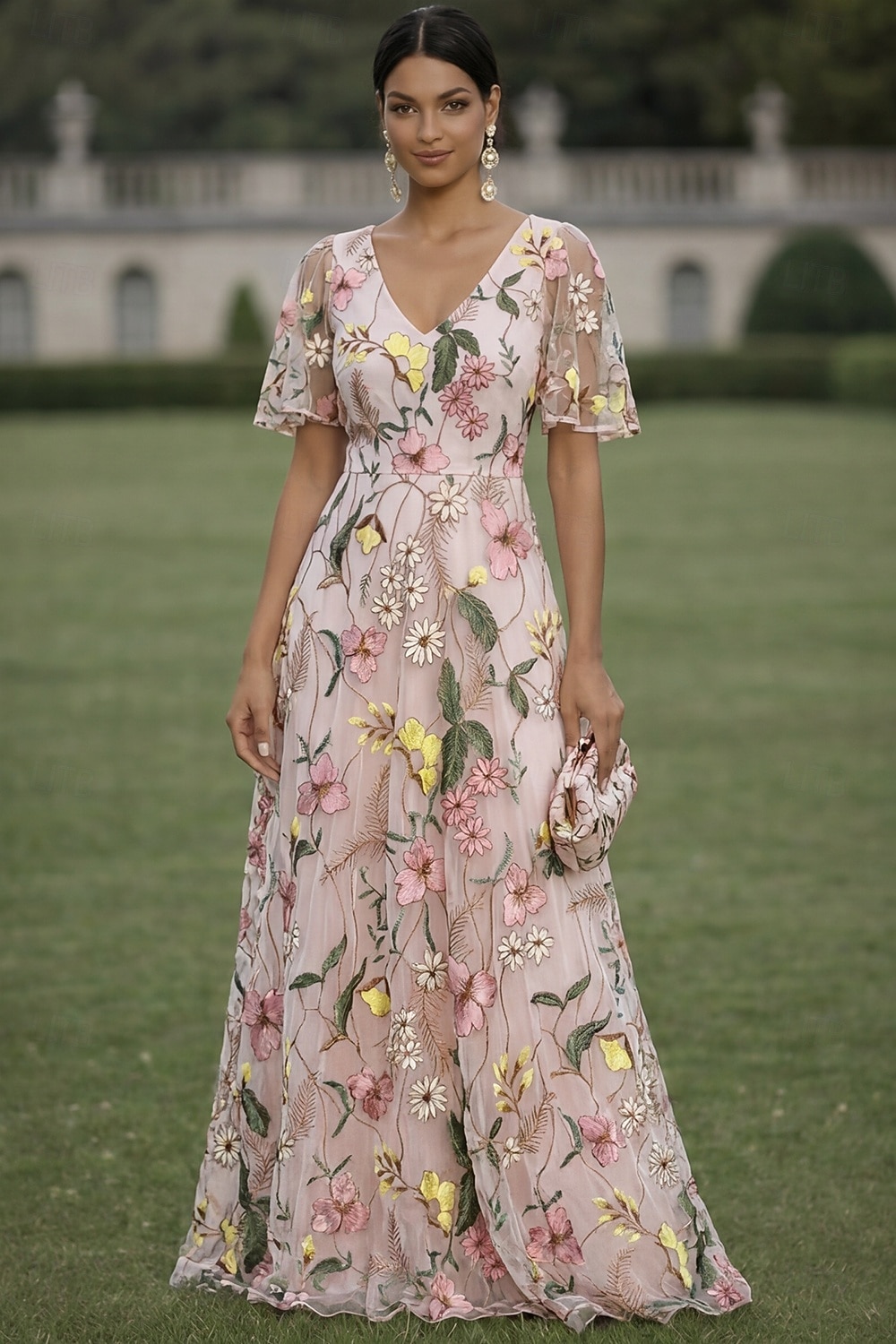 Linea ad A Abito Lunghezza al pavimento Vestito maxi Vestito da Festa Abito da Cocktail Abito da cerimonia per signora Manica Corta Scollo a V Elegante Vintage Lussuoso Formale Ospite di nozze Derby del 2026 a $182.99 –P1