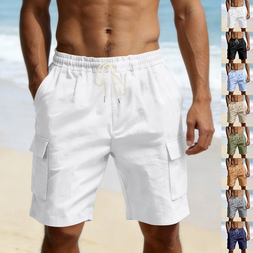 Men's Cotton Linen Shorts Shorts Summer Shorts Beach Shorts Drawstring Pocket Elastic Waist Plain Comfort Breathable Knee Length Outdoor Beach Vacation Vacation Fashion Black White Inelastic 2026 - $22.99 –P1