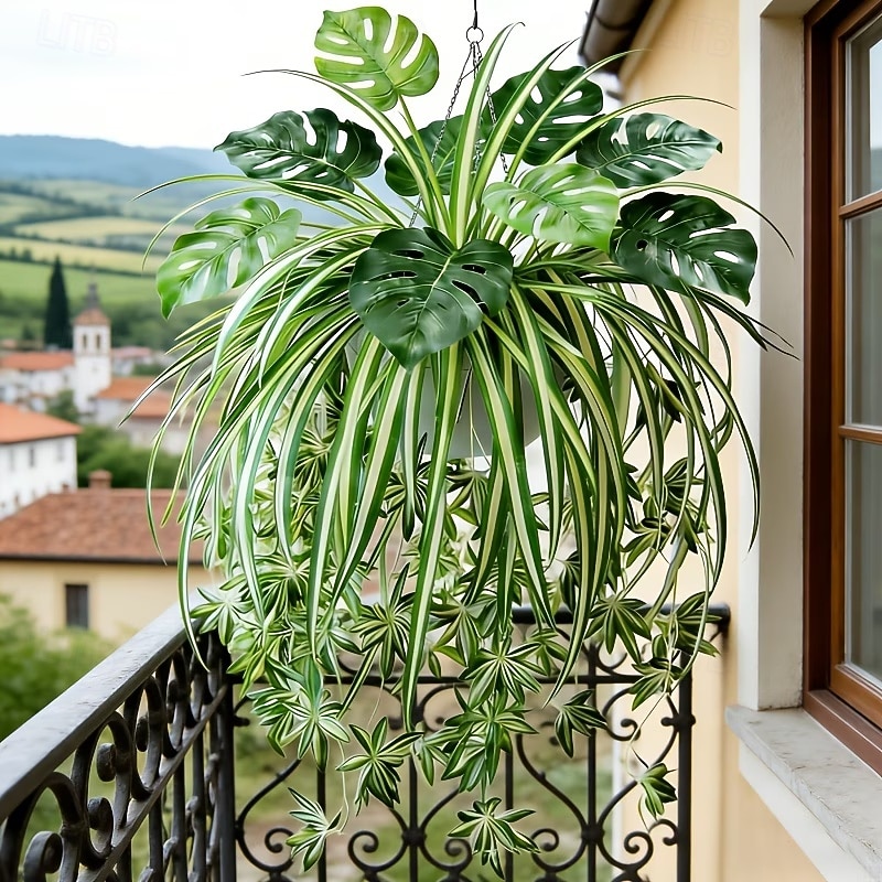 Sada 2 ks = pavoučí rostlina + monstera, umělé závěsné rostliny v severském stylu, UV odolná venkovní zeleň pro domov, obývací pokoj, dekoraci na balkon, vhodné na Valentýna, Velikonoce atd. 2026 - $16.99 –P1