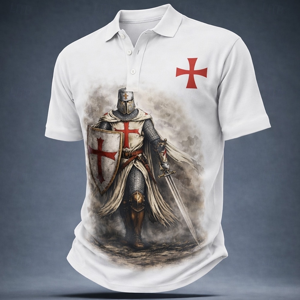 Męskie Templariusze Koszulki polo Krótki rękaw Koszulki polo Klapa Codzienny Ulica Athleisure Dzienne zużycie Druk 3D Guziki Oddychająca siateczka Lato Wiosna Czarny Biały Czerwony 2026 - $21.99 –P2