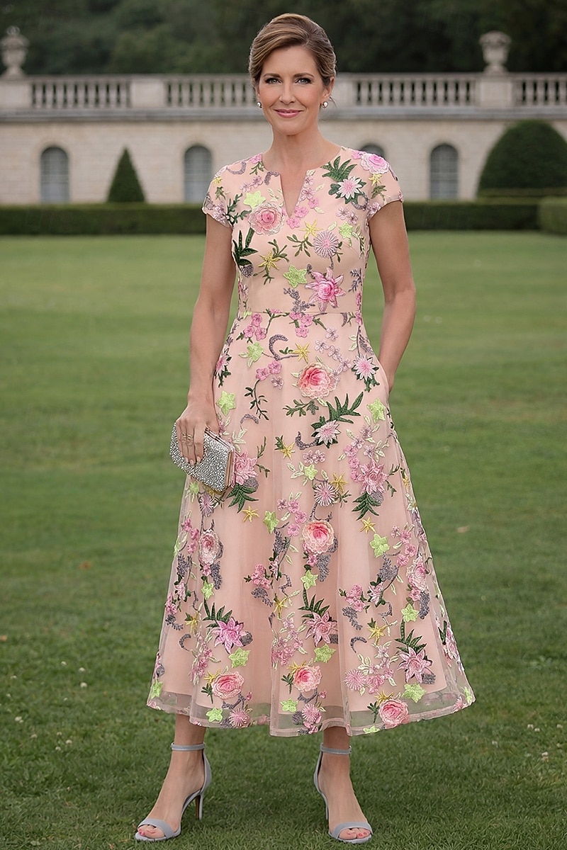 Linia -A Rochii Lungime Gleznă Lungimea ceaiului Rochie pentru invitata de nunta Rochie Mama Miresei Manșon scurt Stil Nautic În V Elegant Pastel Oficial Invitat la nunta Semi formal Dantelă cu Flori 2026 - $182.99 –P1