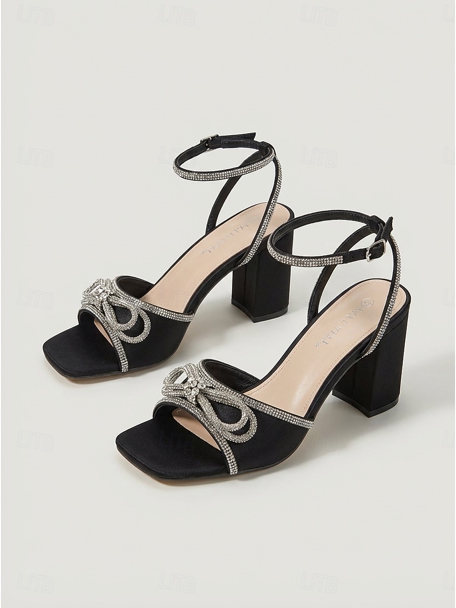 Sandali da donna neri con tacco a blocco e strass, eleganti scarpe da sera con cinturino alla caviglia e tacco grosso per cocktail party e balli di fine anno. &eventi serali del 2026 a GBP £26 –P4