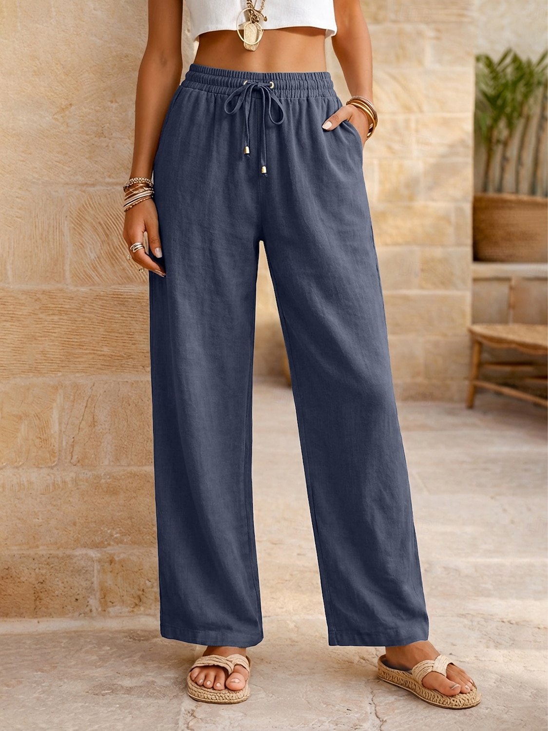 Women's Cotton Linen Pants Summer Pants Pants Trousers Vacation Basic Casual Daily Full Length Natural Plain Drawstring Front Pocket Comfort Breathability Comfortable Inelastic Daily Going out Weekend 2026 - $22.99 –P13
