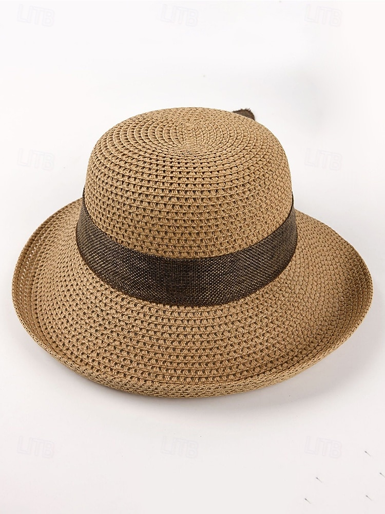 Damen-Sonnenhut im Boho-Stil, faltbarer Strohhut mit breiter Krempe und Schleife in verschiedenen Farben für Strandurlaub, Freizeit, Reisen und Sommerurlaub im Resort. 2026 - $11.99 –P9