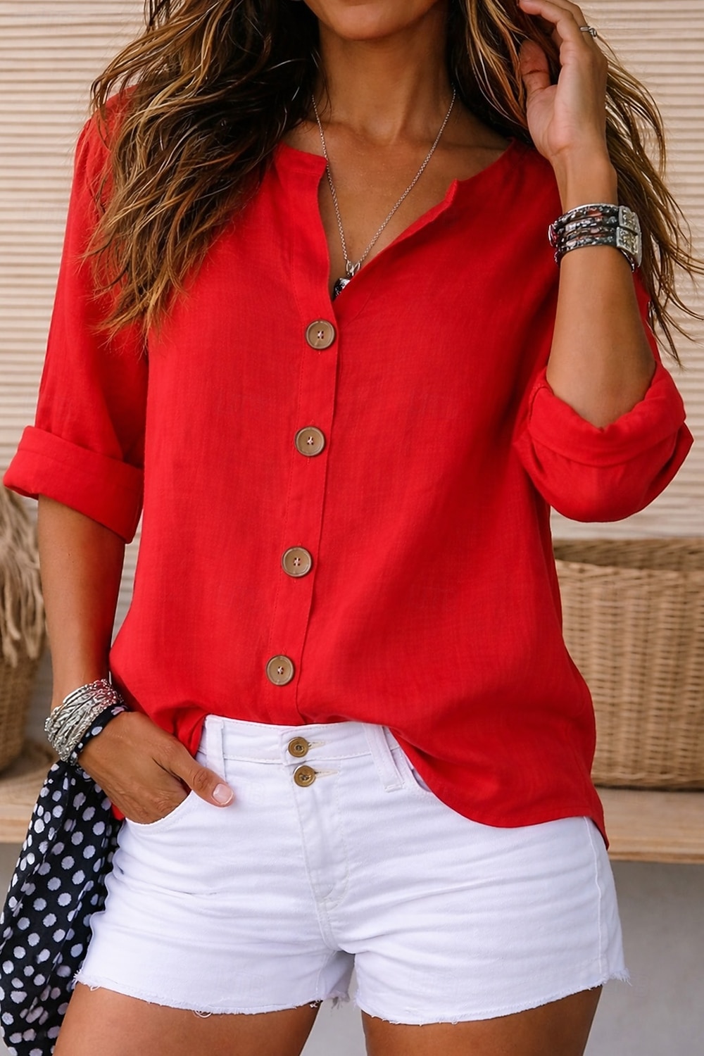 Blusa de mujer 100% algodón con botones, color liso, para uso diario informal, manga 3/4, cuello en V, tops regulares, para uso diario, negro, blanco, rojo, naranja, verde, verano, primavera, otoño 2026 - $27.99 –P3