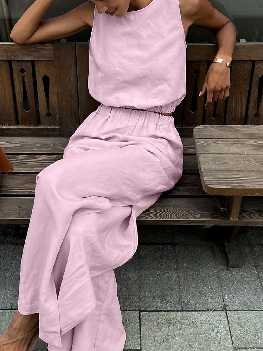 Dame Linsett i bomull Todelt sett Camis Ermeløs Crew-hals عادي Delt Mote Gatemote Avslappet Daglig utendørs Rosa Grønn Kakifarget Sommer Normal 2026 - $51.99 –P2