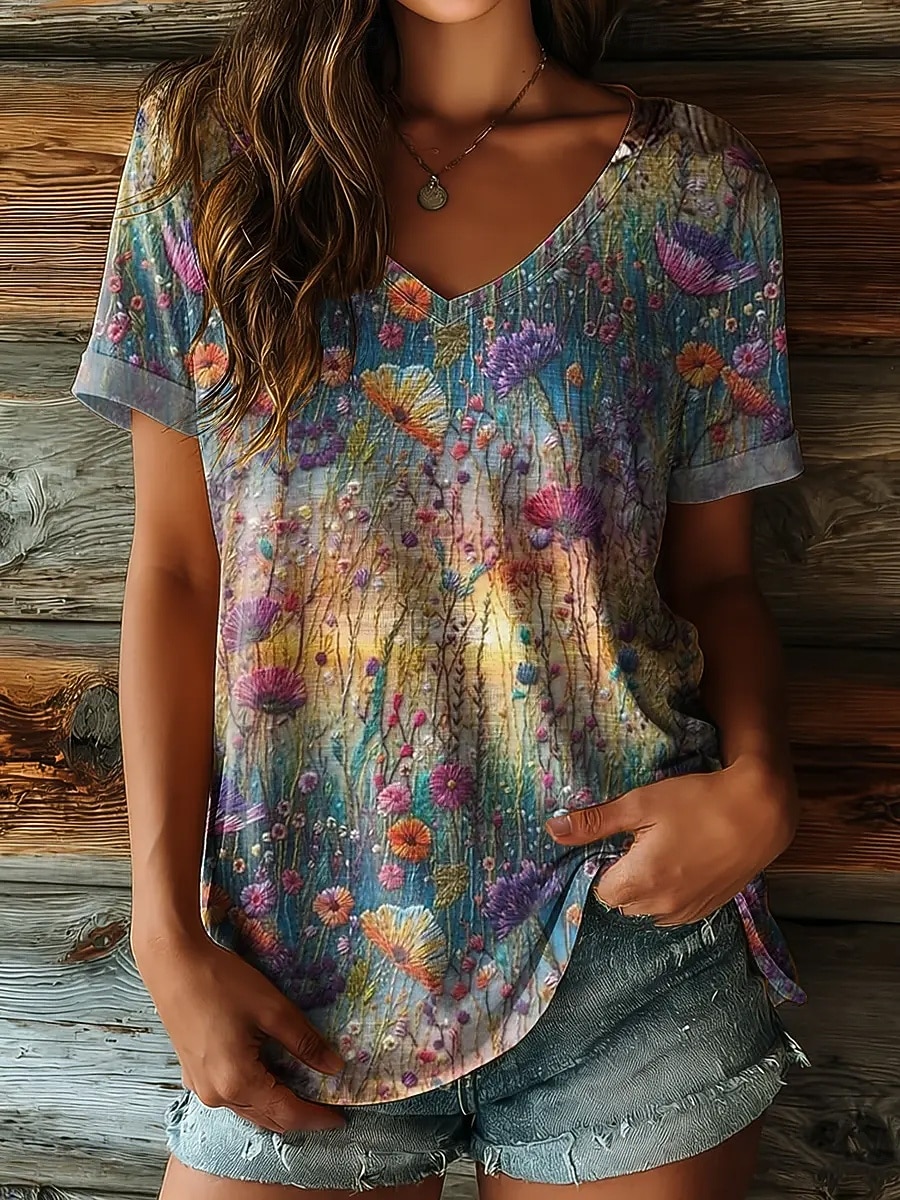 Women's T Shirt Print Floral Graphic Plants Stylish Casual Short Sleeve V Neck Regular Tops Casual Daily Pink Purple Summer Spring 2026 - $22.99 –P2