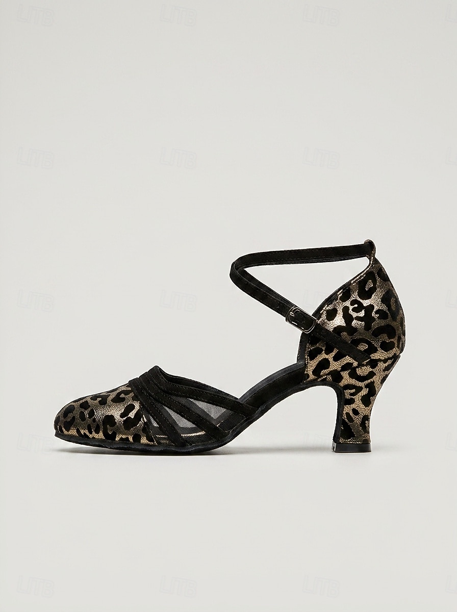 Scarpe da ballo da sala da donna con stampa leopardata – tacco standard a punta tonda con cinturino alla caviglia, per allenamento professionale & prestazione del 2026 a $42.99 –P4
