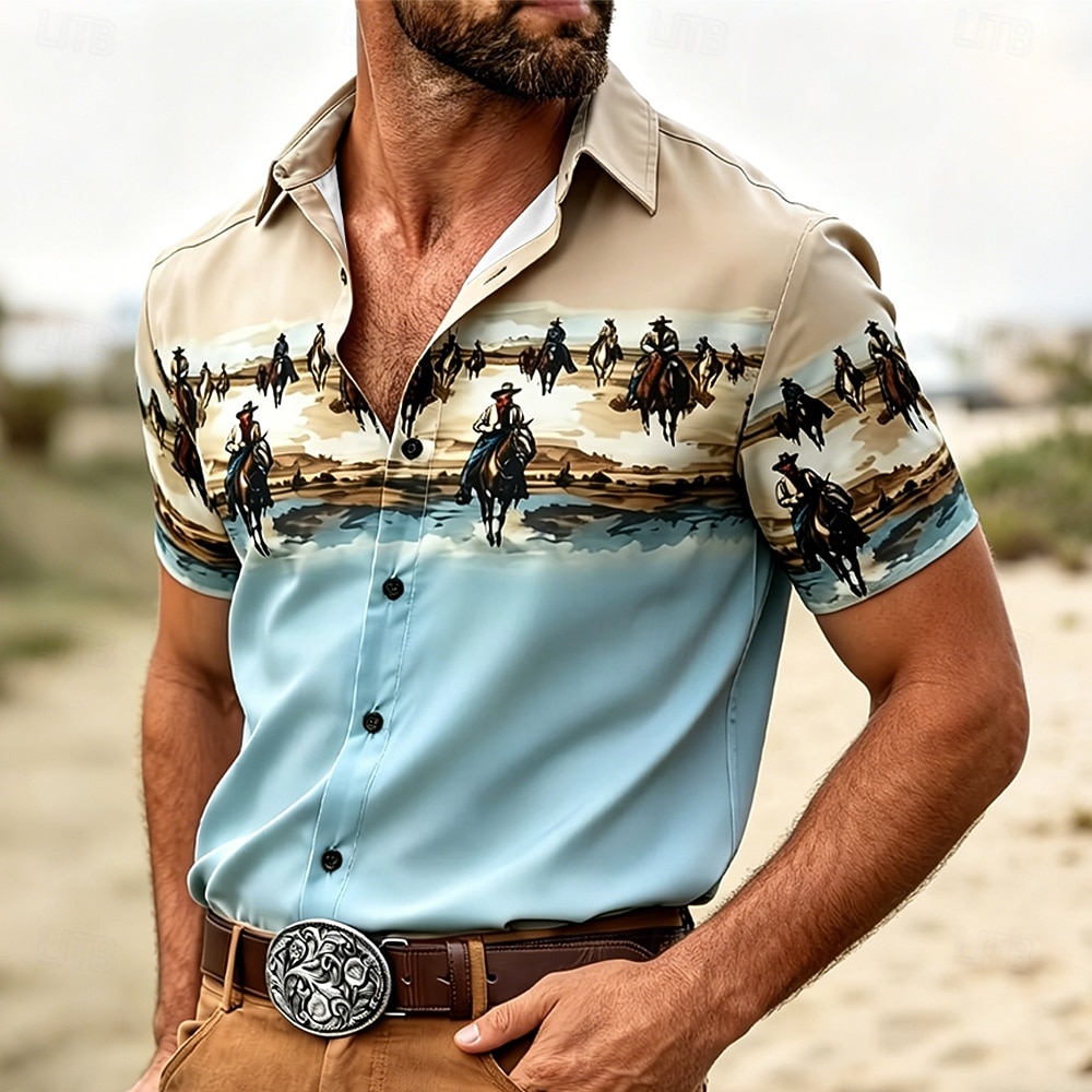 Men's Cowboy Riding Horse Shirt Western Shirt Cowboy Shirt Short Sleeve Vintage Retro Outdoor Vacation WorkWear Summer Spring Turndown 3D Print Linen Like Shirt Button Up Shirts Blue 2026 - $25.99 –P1