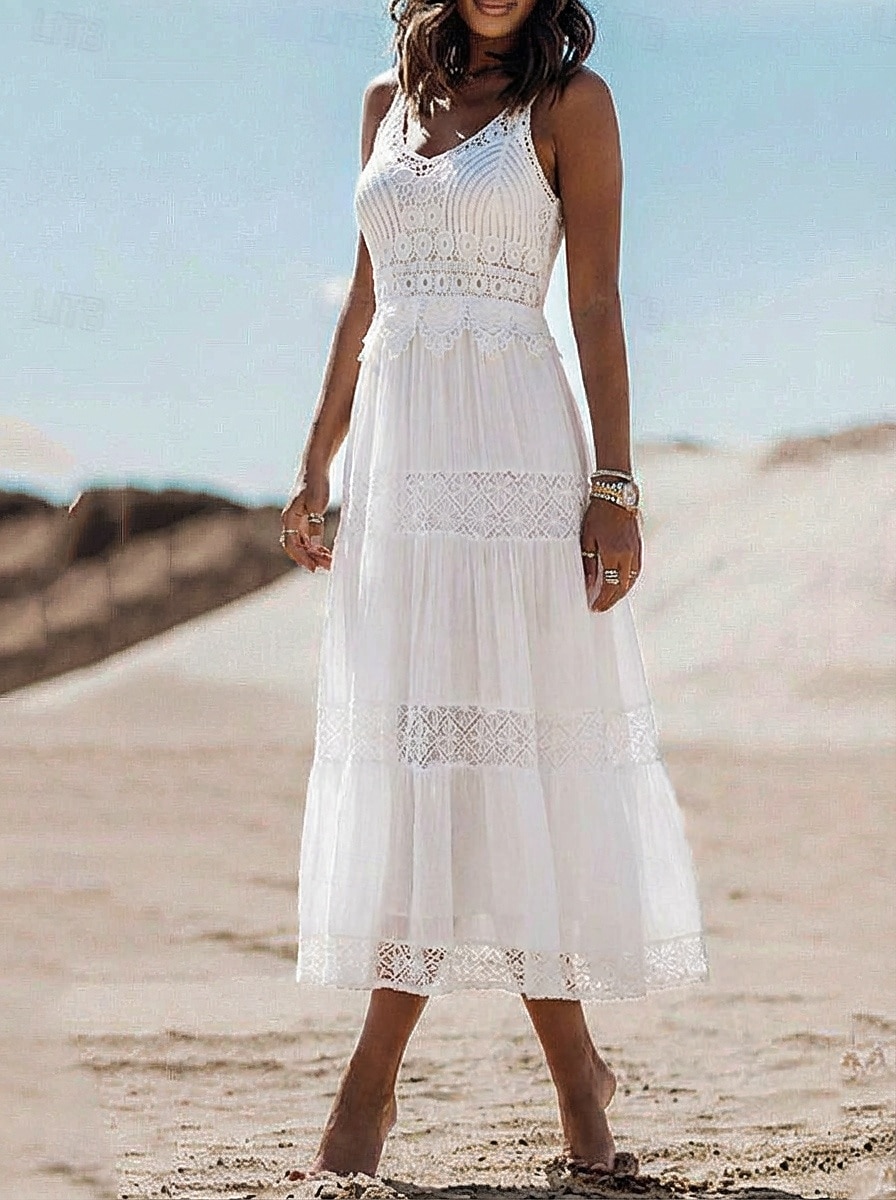 plain white beach dress Women's Midi Lace Dress Dress Summer Dress Elegant Fashion Vacation Holiday Regular Fit Sleeveless V Neck White Summer Spring 2026 30% linen