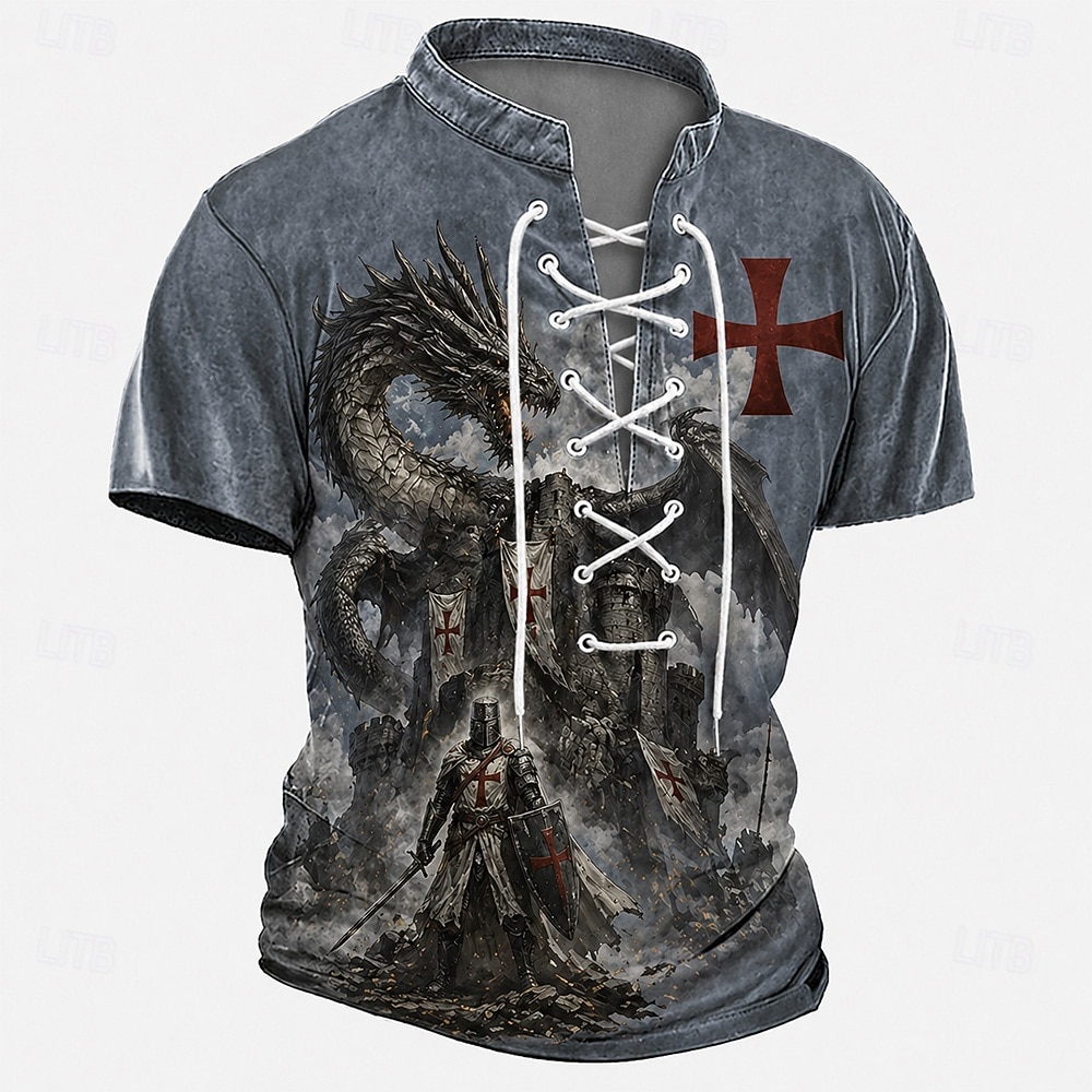 Chemise Henley vintage gothique médiévale/Renaissance à manches courtes, imprimée sur toute la surface, avec lacets, motif chevalier templier, croix rouge et corbeau, idéale pour les fêtes médiévales, de 2026 ? $18.99 –P1