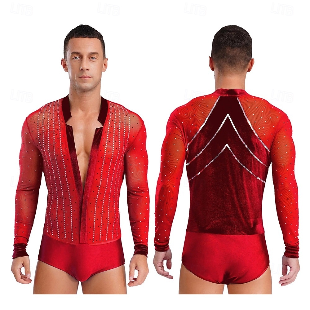 Men's Red Rhinestone Latin Dance Bodysuit Deep V Mesh Long Sleeve Ballroom Performance Costume 2026 - $242.49 –P1