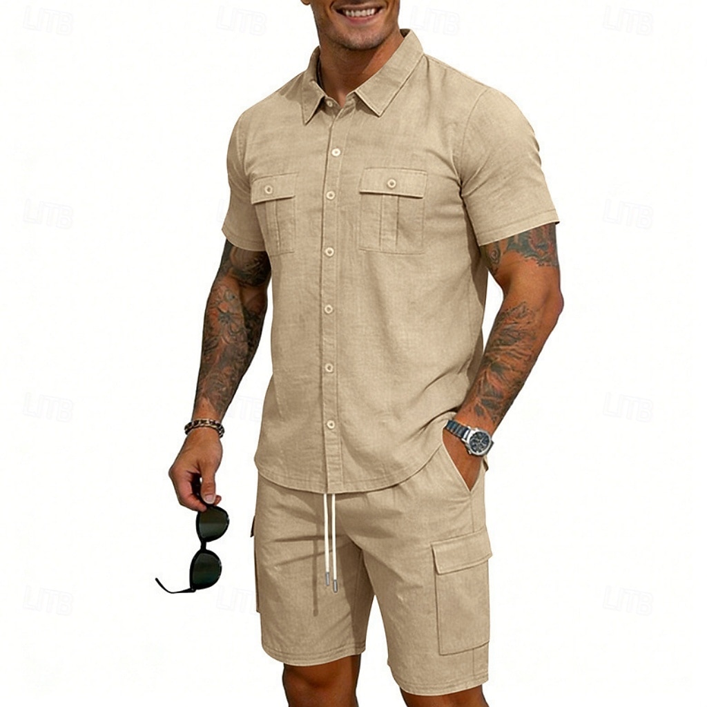 Homens Camisa de linho 2 Peças Conjunto de camisa E Bermuda Cargo Calção Shorts de linho Definir Tecido Diário Ao ar livre Férias Aberto para a Lateral Manga Curta Verão Moda Casual Confortável Roupa de 2026 por $32.99 –P15