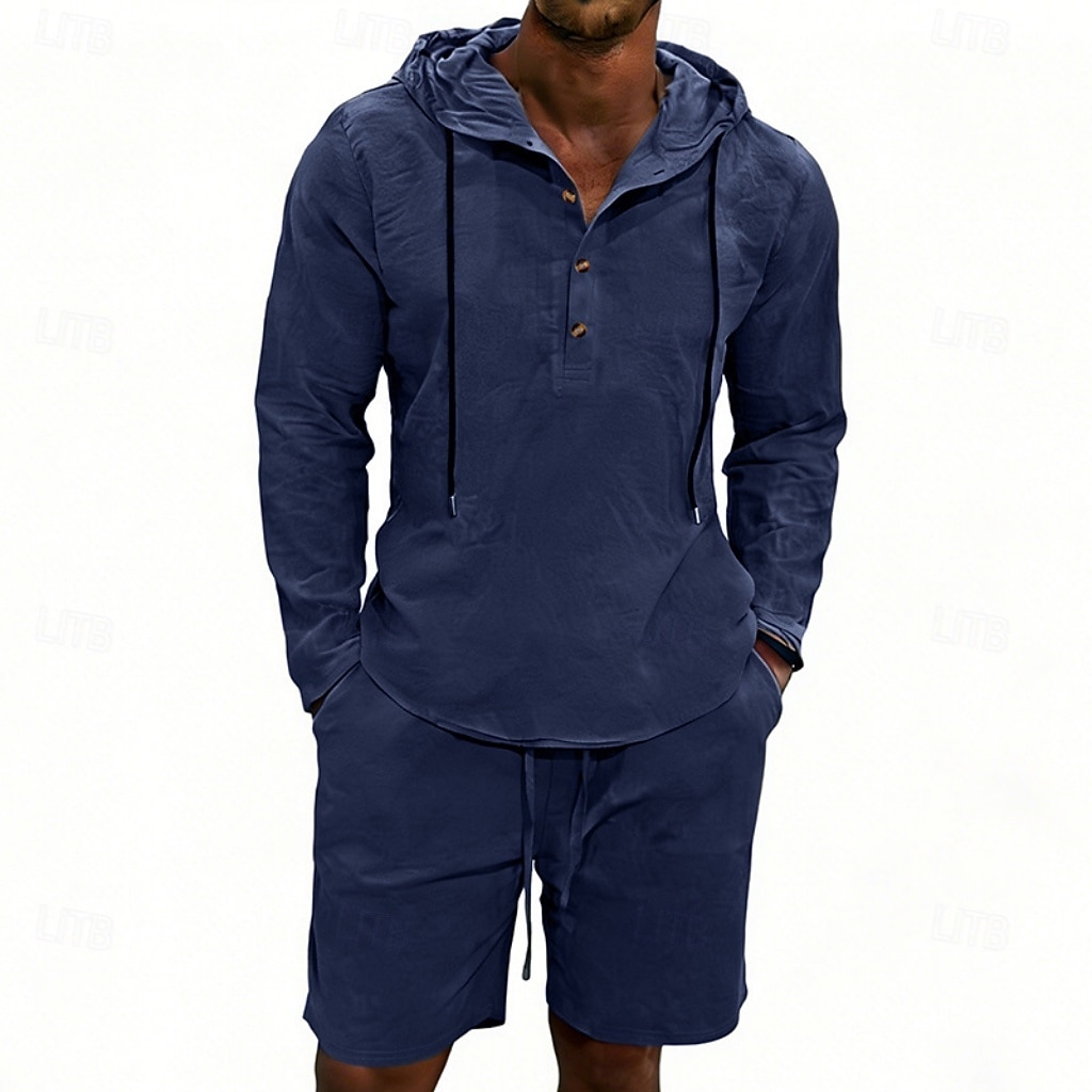 Herre Linskjorte 2 deler Popover skjorte Og Shorts Lin Shorts Strandshorts Sett عادي Daglig utendørs Feriereise Med hette Langermet Sommer Mote Fritid Bekvem Klær 2026 - $36.99 –P7