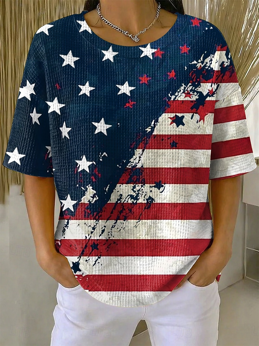 día de la independencia americana Mujer Camiseta con diseño de gofre Tops tejidos con textura Graphic Bandera estadounidense Elegante Clásico Manga Corta Cuello Barco Tops regulares Casual Diario 2026 - $21.99 –P2
