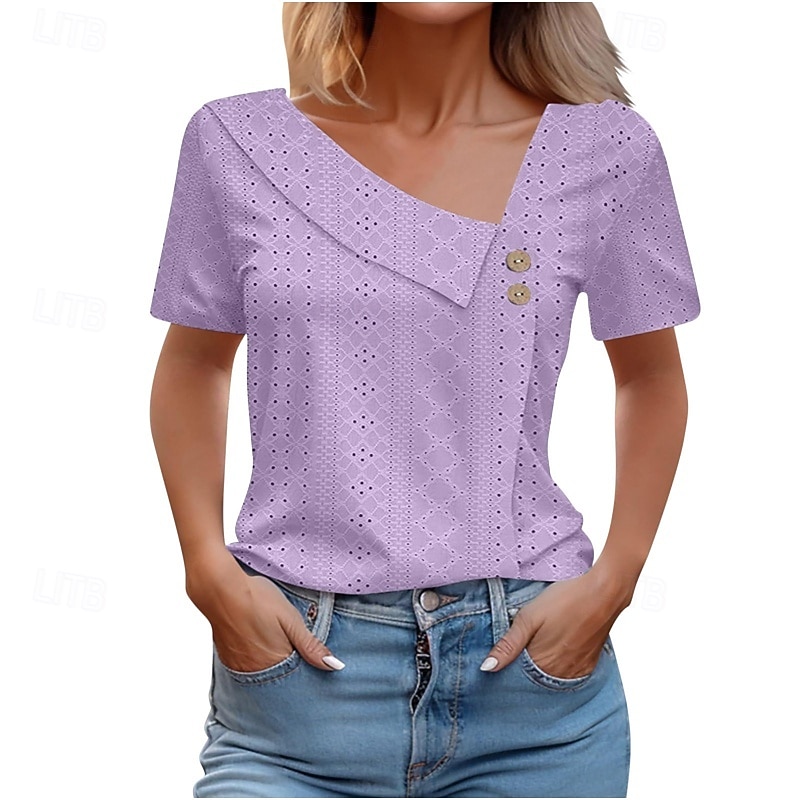 Dam Texturblus Ögonlock Pointelle-tröja T-shirt Ensfärgat Mode Klassisk Ledigt Kortärmad V-hals Vanliga toppar Ledigt Dagligen Strand Blå Vit Gul Ljusgrön Himmelsblå Sommar Vår 2026 - $25.99 –P8