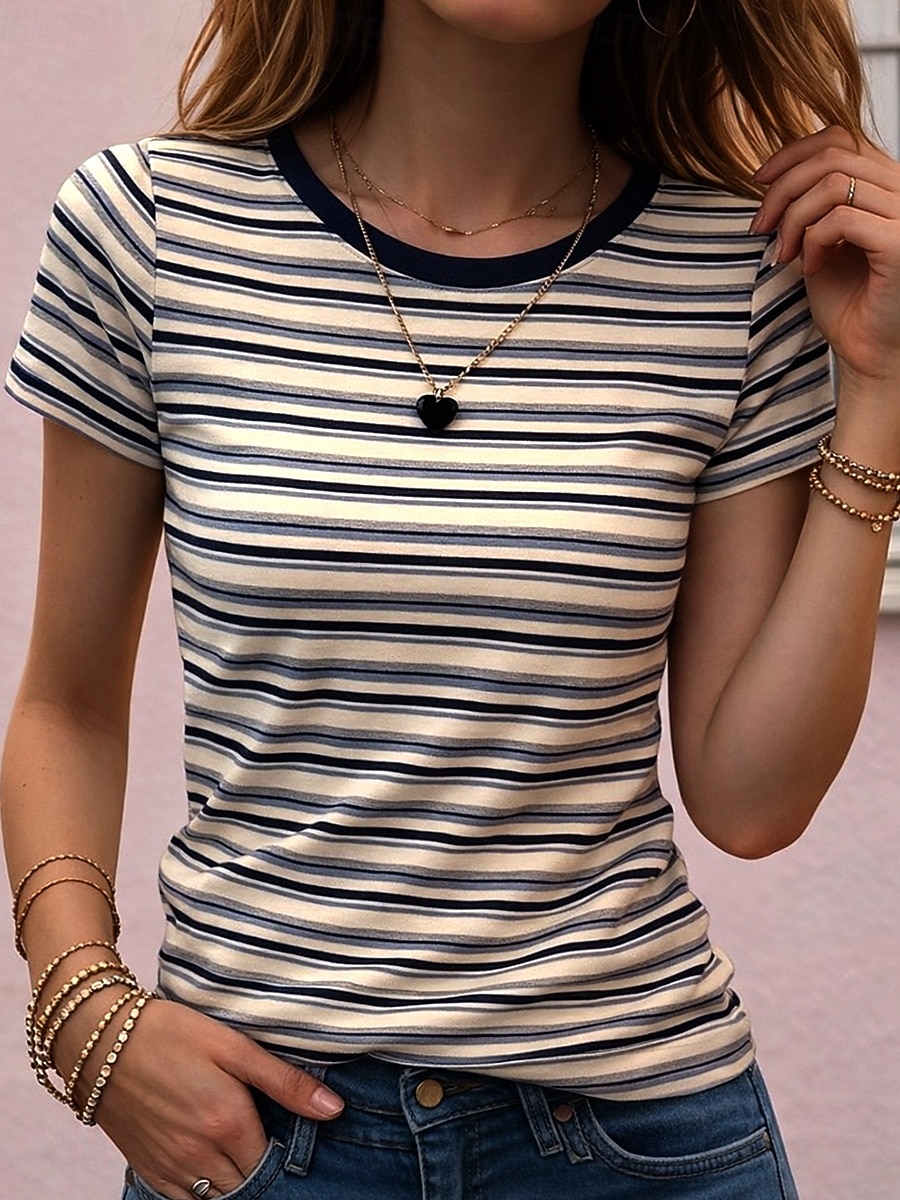 Dames T-shirt Gestreept  Gestreept Stijlvol Klassiek Korte mouw Strakke ronde hals Normale tops Casual Kastanjebruin Blauw Zwart Zomer Lente 2026 - $21.99 –P2