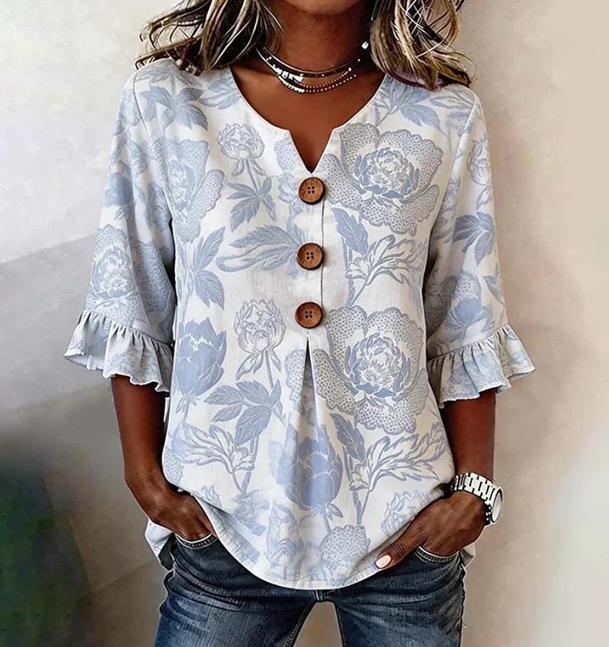 Semana Santa Mujer Camisa Floral Graphic Vintage Elegante Manga Larga Escote en Pico Tops largos Casual Diario Festivos Verde Trébol Beige Azul claro Verano Primavera 2026 - $32.99 –P3
