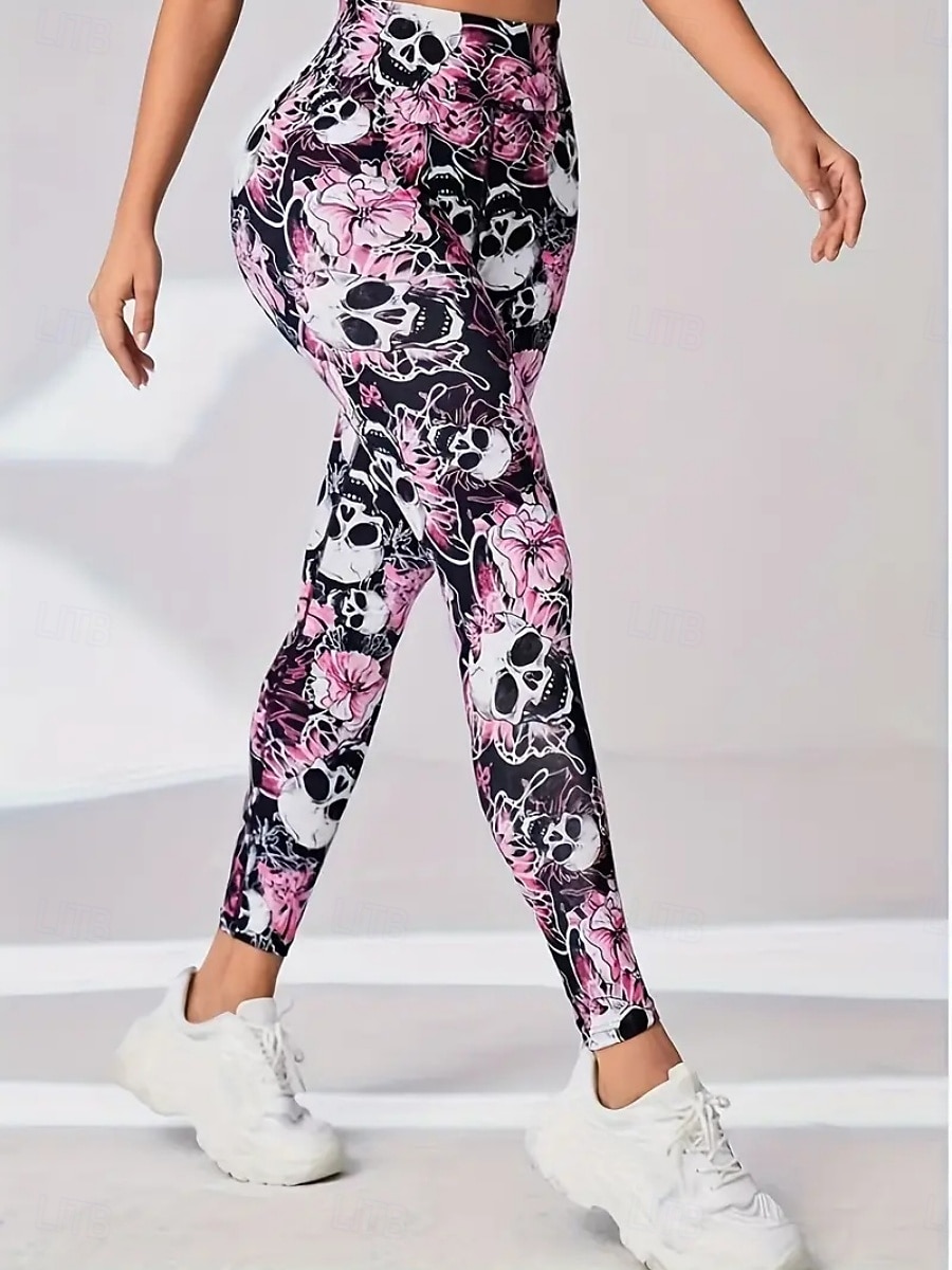 Women's Pilates Pants Yoga Pants Ruched Butt Lifting High Waist Gym Workout Running Fitness Leggings Skull Floral Botanical Pink Sports Activewear 2026 - $19.49 –P3