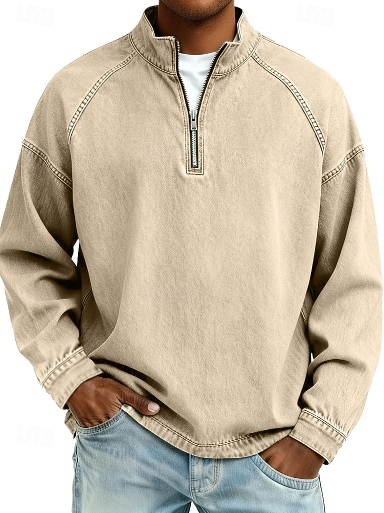 Herren Hemd aus 100 % Baumwolle in Säurewaschung T-Shirt Langarm Stehkragen Frühling Herbst Herbst Winter Einfach Vintage Streetwear Lässig Reißverschluss Basic Lässig Heim Straße Schwarz Rosa 2026 - $31.99 –P11