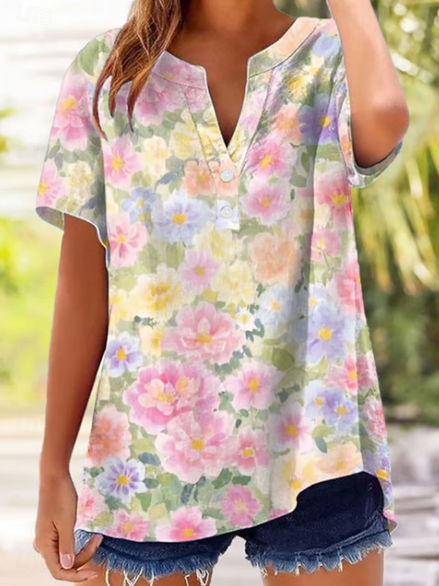 Women's T Shirt Floral Graphic Plants Stylish Classic Short Sleeve V Neck Regular Tops Casual Daily Blue Pink Purple Green Summer Spring 2026 - $27.99 –P3
