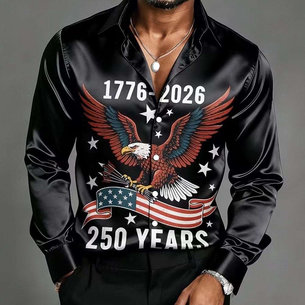 Herren 250. Jahrestag des Unabhängigkeitstages der USA am 4. Juli Adler Amerikanische Flagge Hemd Satinhemd Knopfhemd Langarm Patriotisch Outdoor Festival Sommer Frühling Umlegekragen 3D-Druck Schwarz 2026 - $33.99 –P1